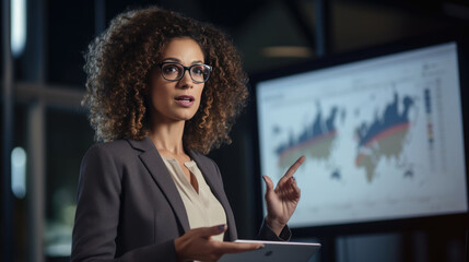 Sticker - Woman with curly hair and glasses pointing towards a data chart on a screen, giving a business presentation or analysis.