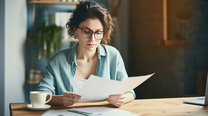 Canvas Print - Focused woman working on a laptop and reading a document.