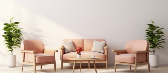 Sticker - Bright modern living room interior with armchairs, rug, and coffee table in horizontal frame mockup.