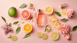 Perfume bottle surrounded by citrus fruits and pink flowers on a pastel background. Freshness and floral fragrance concept. Design for beauty, perfume branding, and spring advertising. Flat lay compos