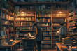 An atmospheric illustration of a library filled with books and two individuals engrossed in reading