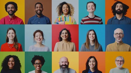 Wall Mural - 20 people with different ages and group around the world head shot talking live in single image on colorful background 