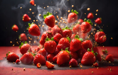 Fresh raw red strawberries exploding and flying all around the red background