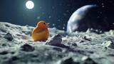 Wizualizacja przedstawiająca uroczą gumową kaczuszkę na powierzchni księżyca