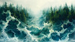 Misty river winding through a dense forest, illustrated in abstract layered textures