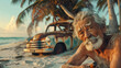 Old Cuban old man with cigar sitting on Caribbean Cuba island paradise wide white sandy beach under coconut palms with a rusty 1950s retro car partially buried in hot sand on background.
