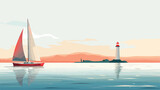 Fototapeta Łazienka - A sailboat cruising on a calm sea with a lighthouse