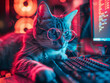 Hacker cat working with computer
