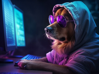 Hacker dog working with computer