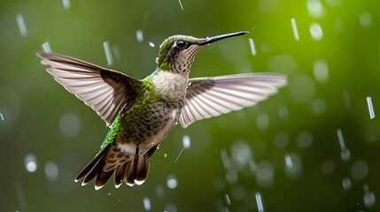 Wall Mural - Hummingbird in Flight with Raindrops on Green Background