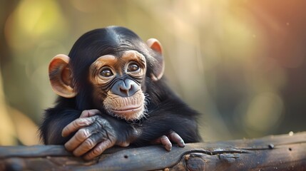 Wall Mural - Young Chimpanzee Resting on a Log with a Dreamy Backlight Effect