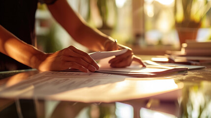 Poster - Close-up of a person's hands sorting through a large stack of papers and documents secured with black binder clips