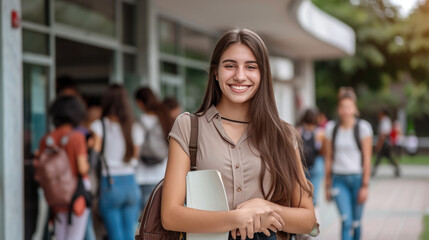 Poster - Young female student smiling at the camera, holding a notebook and wearing a backpack, with other students in the blurred background