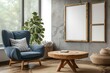 Wing chair near rustic wooden coffee table. Interior design of scandinavian living room with frames.