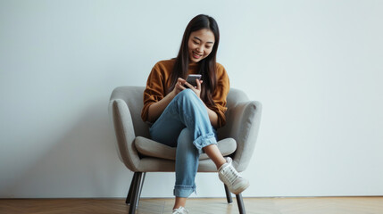 Wall Mural - Woman is sitting comfortably in a chair, smiling and looking at her smartphone