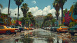 A colorful street full of classic cars leads up to the iconic Hollywood sign among vibrant graffiti