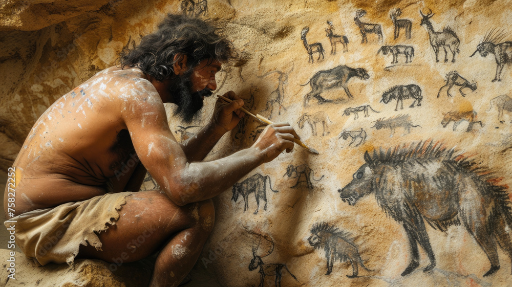 Caveman drawing animals on rock wall in prehistoric era, Neanderthal ...