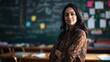 © ProPhotos - Indian teacher woman with long hair and brown shirt. She has her arms crossed and smiles at the camera. In the background is a classroom.