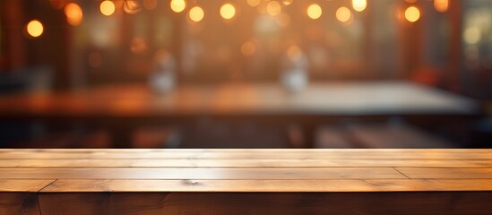 Sticker - A brown hardwood table with a glossy varnish, set against a blurry amber background of a restaurant. The tints and shades create a warm, inviting atmosphere