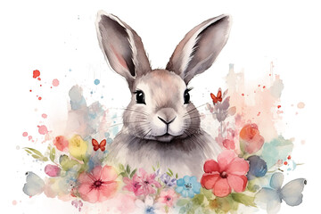 Wall Mural - backdrop watercolor grey A fluffy white flowers pink lovely depicted vibrant ears rabbit