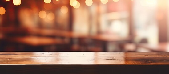 Poster - A rectangle hardwood table with tints and shades of wood, reflecting the sky through a nearby window in a room with a blurry background of a restaurant