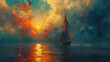 An artistic depiction of a single sailboat on gently rippling water against a sky ablaze with sunset colors