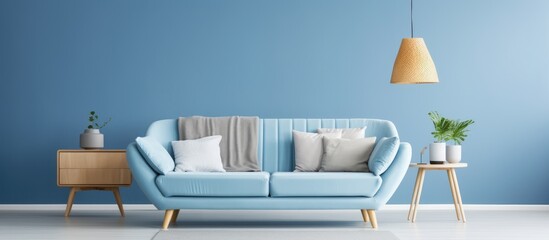 Wall Mural - Scandinavian-style living room with light gray sofa and gold lamp on white flooring and blue wall.