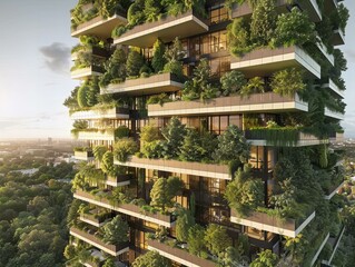 Canvas Print - A vertical forest building with balconies covered in green plants and trees, integrating nature into urban architecture