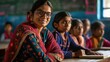 A female Indian teacher wearing glasses and a bright sari sits at her desks in front of a group of children. There is a smile on her face.