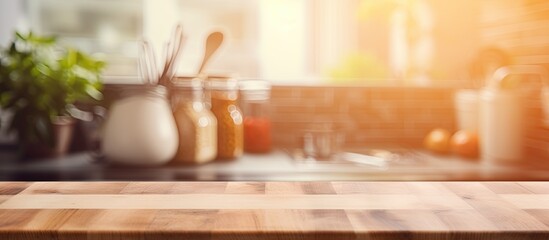 Poster - A hardwood table with a wood stain finish is in the foreground, with a kitchen in the background. The window lets in natural light, highlighting the serveware and drinks on the table