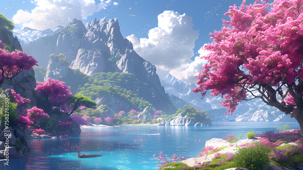 Lush cherry blossoms frame a serene lake with rugged mountains in the ...
