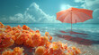 A dreamy beach scene with a striking coral tone umbrella amongst vibrant orange flora under a clear blue sky