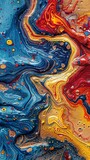 Fototapeta Przestrzenne - Vivid swirls of blue, red, and yellow create a dynamic and colorful abstract fluid art composition.