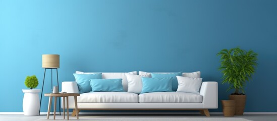 Modern living room with white couch and empty blue wall.