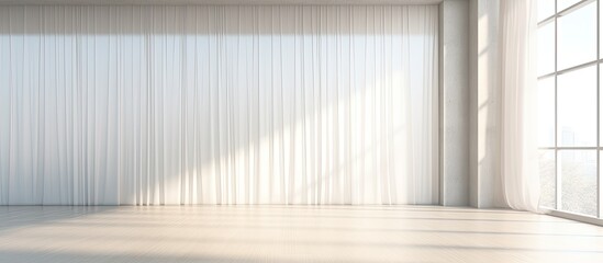 Poster - An empty room with grey hardwood flooring, a lot of windows with blinds on the wall. The window treatment creates tints and shades of light, enhancing the rectangular pattern in the room