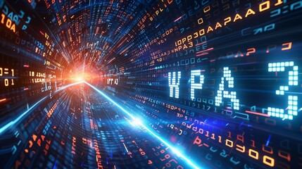 matrix binary code forms the acronym WPA3, symbolizing the concept of Wi-Fi Protected Access 3.
