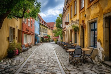  Quaint European street with colorful facades and cobblestones. A picturesque cobblestone street lined with colorful buildings and outdoor cafes in a quaint European town. Resplendent.