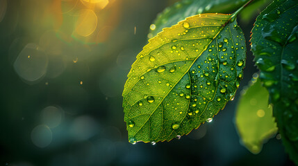 Wall Mural - This image features a fresh green leaf detailed with water droplets, capturing the essence of life and growth