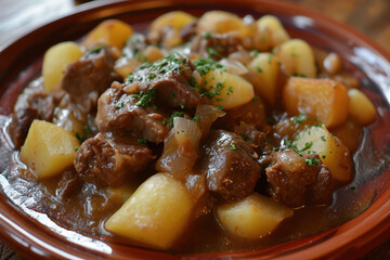 Wall Mural - A plate of Lancashire hotpot, a stew made with lamb or beef, potatoes