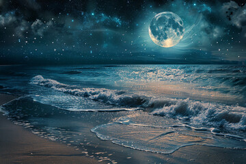 Wall Mural - A moonlit beach with gentle waves lapping the shore, stars reflected in the water