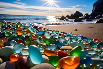 Delight in the beauty of a beach strewn with an array of colorful gemstones and textured sea glass. Each shimmering piece,  Generative AI,