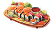 A sushi platter with various pieces arranged like c