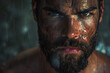A stoic arena warrior, beard streaked with sweat, shoulders squared. His gaze pierces through the darkness