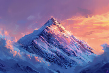 Poster - A snowy mountain peak at sunrise, the sky painted in shades of pink and orange