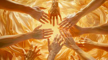 Wall Mural - hands in a circle, getting people excited about a cause, working together, achieving goals on light yellow background fantasy art, painting illustration