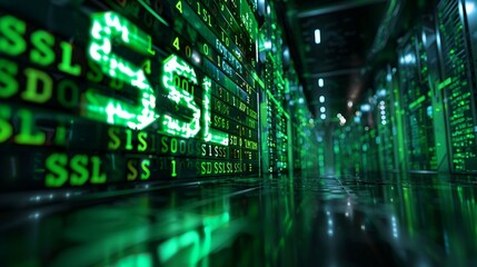 green matrix binary code forms the acronym SSL , symbolizing the concept of Secure Sockets Layer.
