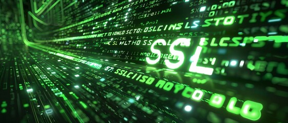 green matrix binary code forms the acronym SSL , symbolizing the concept of Secure Sockets Layer.
