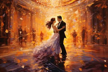 Wall Mural - Vibrant painted scene of a couple dancing in a golden ballroom, amidst the glow of crystal chandeliers and cascading flower petals