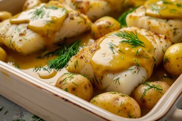 Wall Mural - Baked Cod with Mustard Sauce and Dill Potatoes