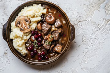 Wall Mural - Finnbiff with Mashed Potatoes, Rich Brown Sauce, and Lingonberries